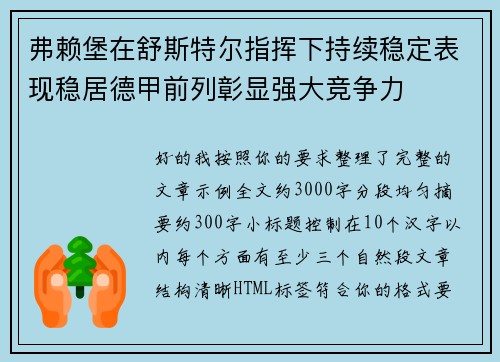 弗赖堡在舒斯特尔指挥下持续稳定表现稳居德甲前列彰显强大竞争力